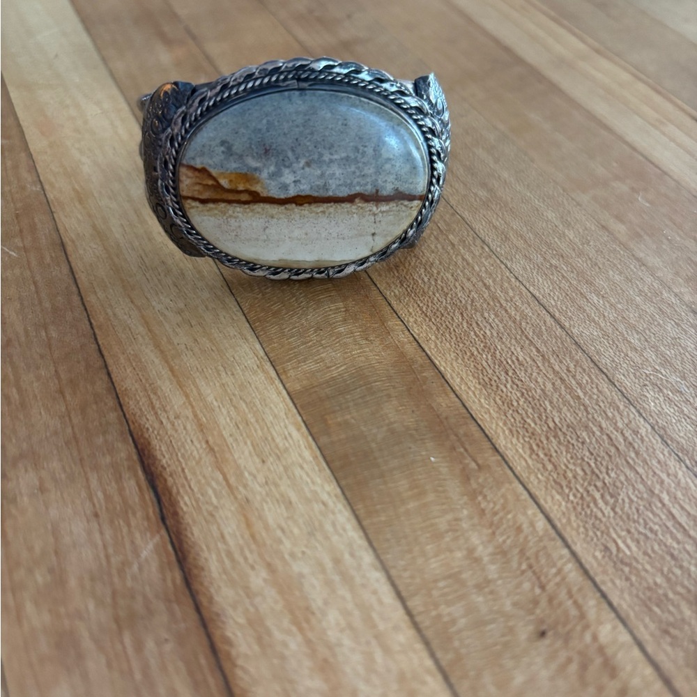 Vintage Sterling Silver Picture Jasper Large Stone Landscape Rope Cuff Bracelet - Picture 2 of 8